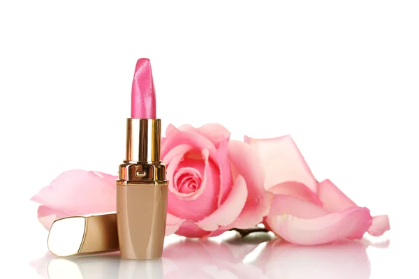 Pink lipstick and pink rose isolated on white Stock Image