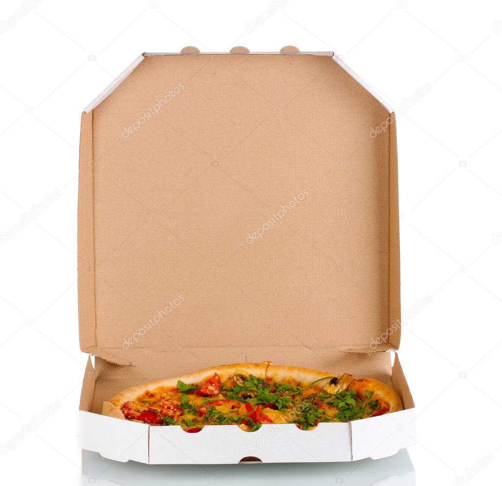 Delicious pizza with sausage and vegetables in the package isolated on whit