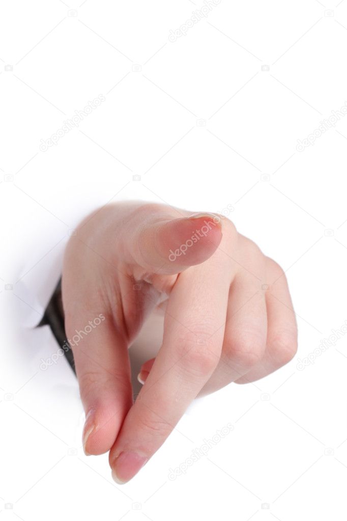 Finger break through the white paper