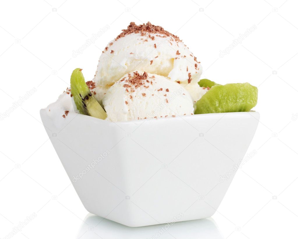 Delicious vanilla ice cream with chocolate and kiwi in bowl isolated on whi