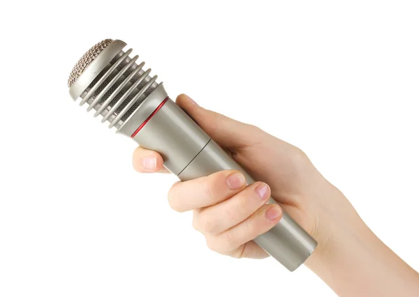 Shiny grey iron microphone in hand isolated on white — Stock Photo, Image