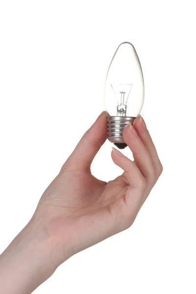 Arm holding light bulb isolated on white — Stock Photo, Image