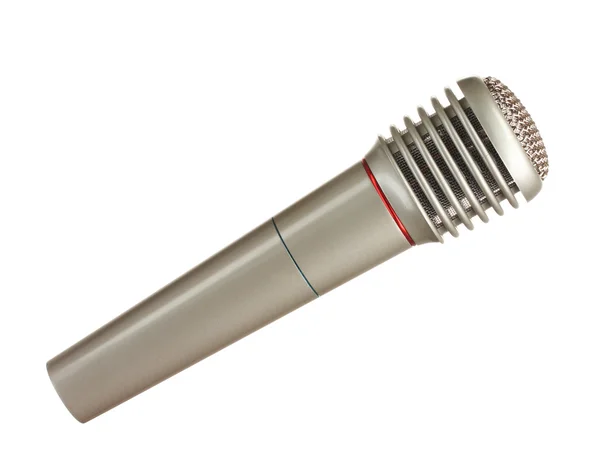 Parlak gri demir mikrofon üzerinde beyaz izole — Stok fotoğraf