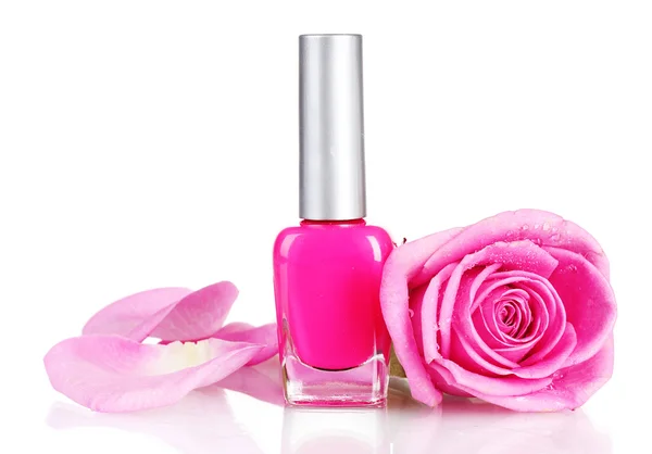 Pink nail polish with rose on white background — Stock Photo, Image