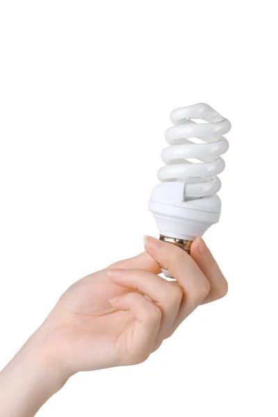 Arm holding energy saving lamp isolated on white — Stock Photo, Image