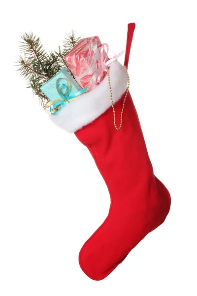 Christmas sock with gifts isolated on white — Stock Photo, Image