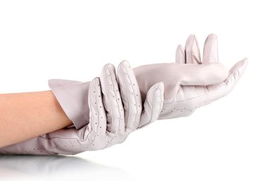 Women's hands in gray leather gloves isolated on white clipart