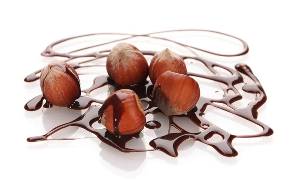 Köstliche Haselnüsse und Schokoladensirup isoliert auf weiß — Stockfoto