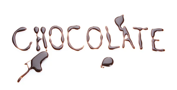 Inscriptie chocolade op wit wordt geïsoleerd — Stockfoto