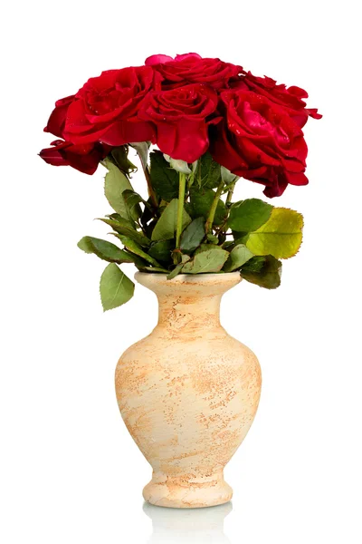 Hermosas rosas rojas en un jarrón aislado en blanco —  Fotos de Stock