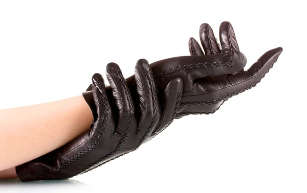 Handen van de vrouwen in het zwart lederen handschoenen geïsoleerd op wit — Stockfoto