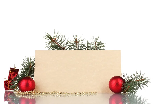 Postal en blanco, regalos, bolas de Navidad y abeto aislado en blanco — Foto de Stock