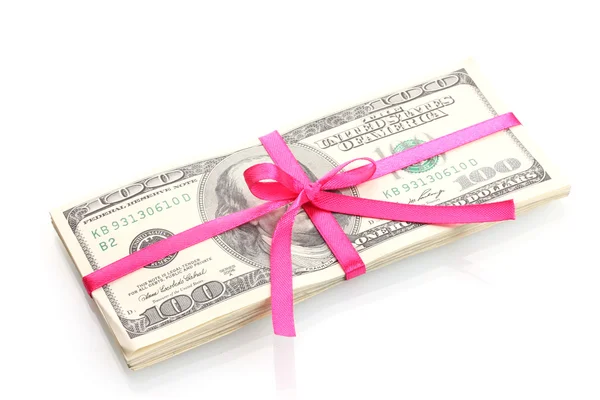 A lot of one hundred dollar bills tied pink ribbon isolated on white — Stock Photo, Image