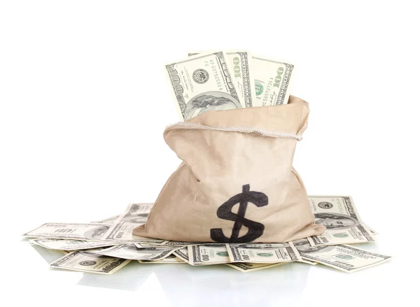 Un montón de billetes de cien dólares en una bolsa aislada en blanco — Foto de Stock