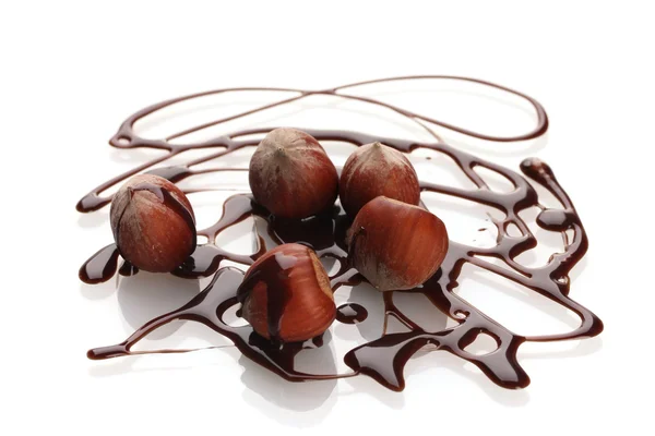 Νόστιμα φουντούκι και σιρόπι σοκολάτας που απομονώνονται σε λευκό — Φωτογραφία Αρχείου