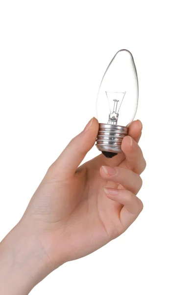 Arm holding light bulb isolated on white — Stock Photo, Image
