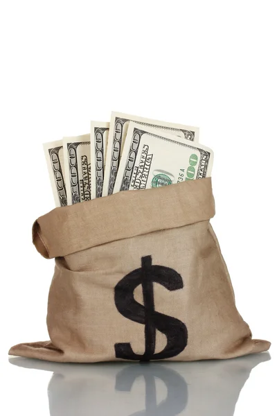 A lot of one hundred dollar bills in a bag isolated on white — Stock Photo, Image