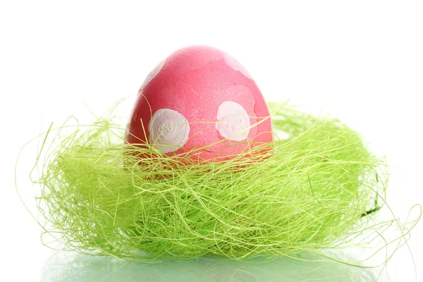Ovo de Páscoa rosa com ponto branco no ninho de passarinho isolado no branco — Fotografia de Stock