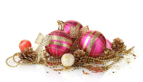 Beautiful pink Christmas balls and cones isolated on white Stock Photo