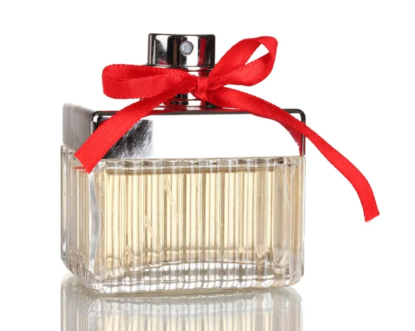 Perfume bottle with red bow isolated on white — Stock Photo, Image