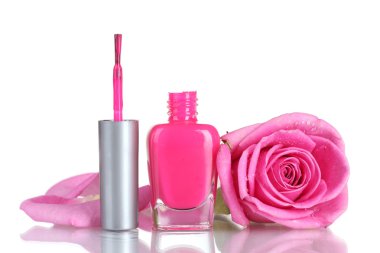 Pink nail polish with rose on white background