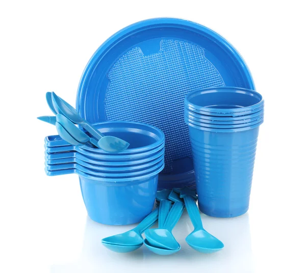 Jasne niebieskie plastikowe naczynia na białym tle — Zdjęcie stockowe