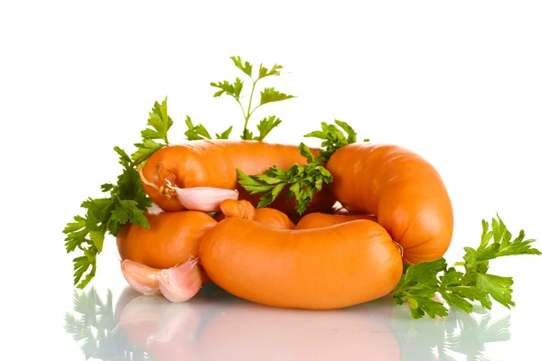 Tasty sausages, garlic and parsley isolation on white — Stock Photo, Image