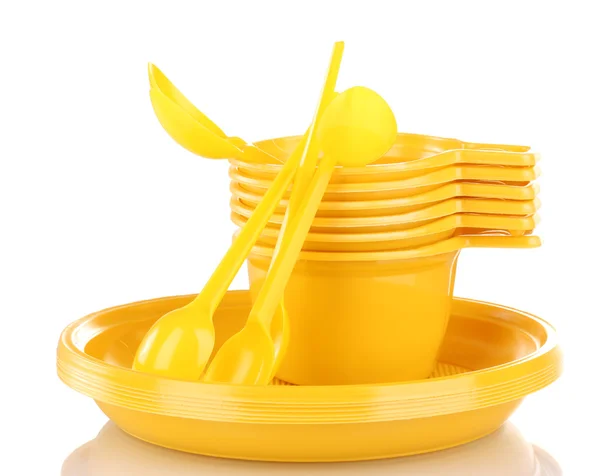 孤立在白色的亮黄色塑料餐具 — 图库照片