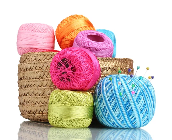 Bright threads for knitting in the basket isolated on white — Stock Photo, Image