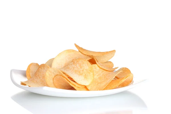 Delicious potato chips on plate isolated on white — Stock Photo, Image