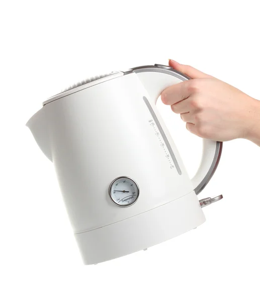 Женская рука и белый электрический чайник изолированы на белом — стоковое фото