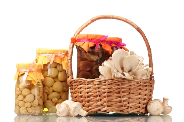 Köstliche marinierte Pilze im Glas, rohe Champignons und Austern — Stockfoto