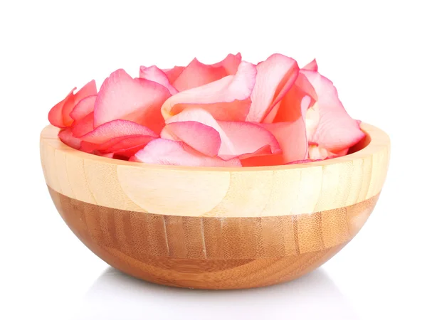 Beautiful pink rose petals on wooden bowl isolated on white — Stock Photo, Image