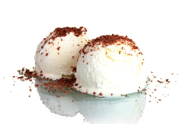 Delicious vanilla ice cream with chocolate isolated on white — Stock Photo, Image