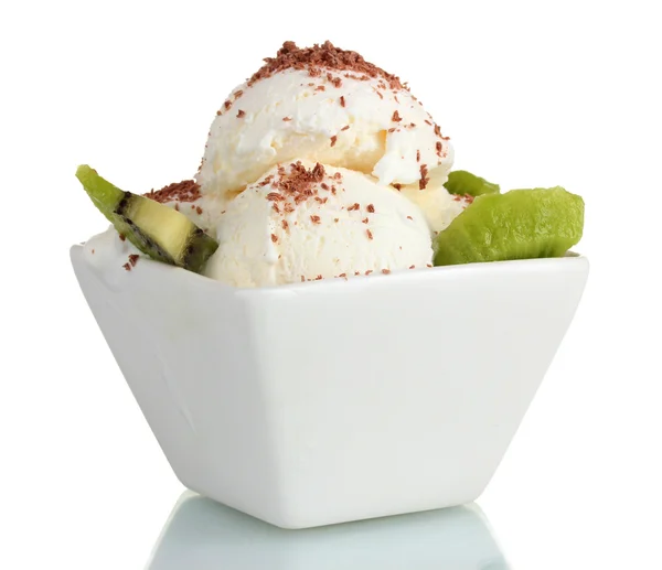 Delicious vanilla ice cream with chocolate and kiwi in bowl isolated on whi — Stock Photo, Image