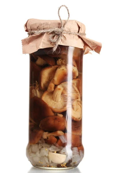 Delicious marinated mushrooms in the glass jar isolated on white — Stock Photo, Image