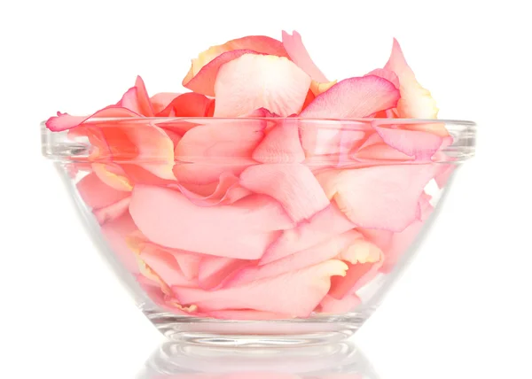 美丽粉红玫瑰花瓣放在白色上孤立的玻璃碗 — 图库照片