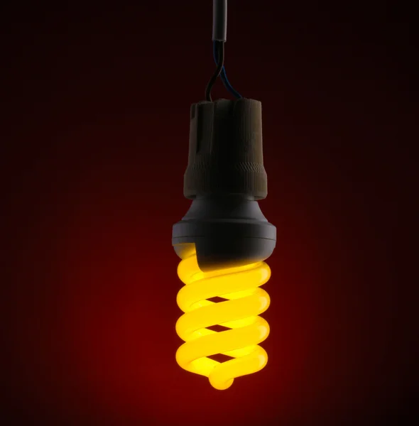En upplyst energibesparing glödlampa på röd bakgrund — Stockfoto