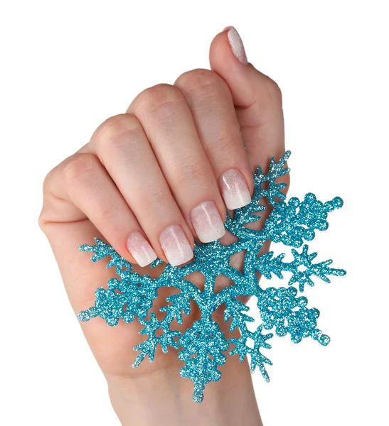 Mão com belo design de inverno e floco de neve isolado em branco — Fotografia de Stock