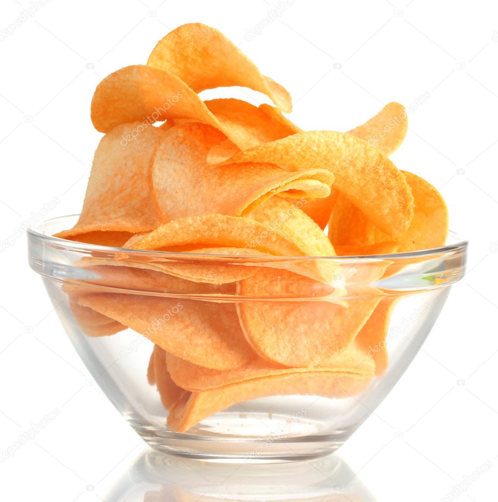 Delicious potato chips in bowl isolated on white — Stock Photo ...