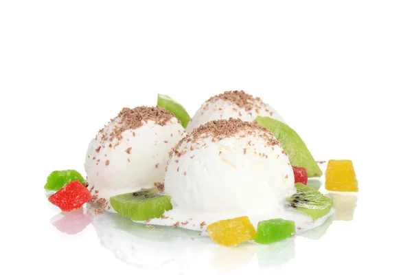 Delicious vanilla ice cream with chocolate and fruits isolated on white — Stock Photo, Image