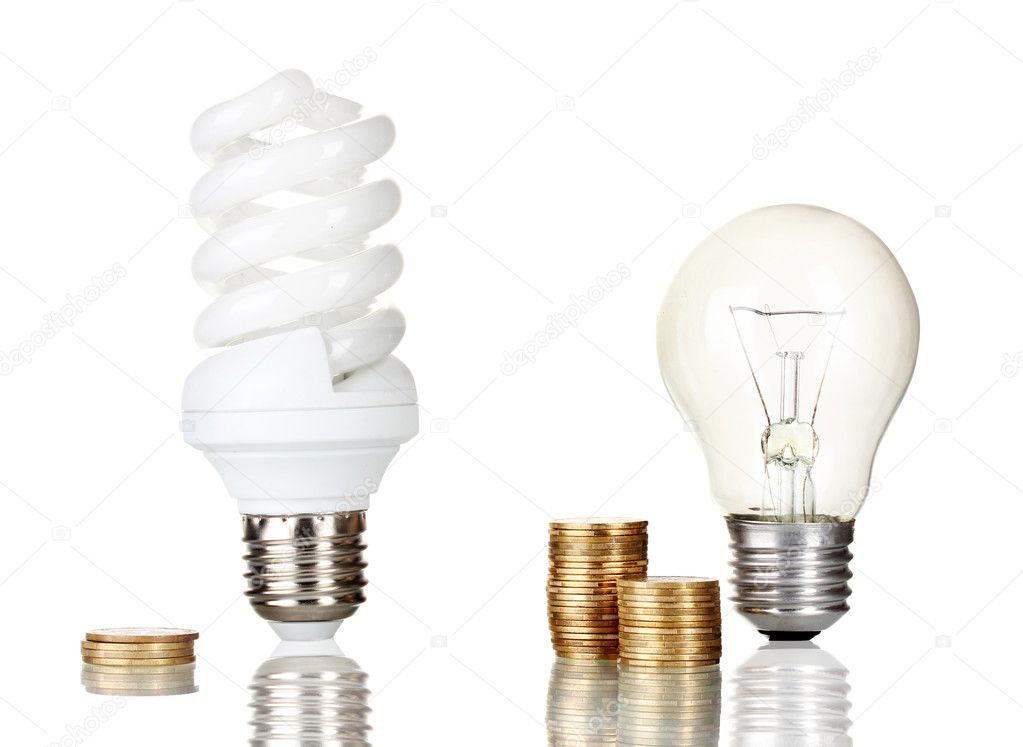 Comparison of ordinary light bulbs with energy saving lamp isolated on whit
