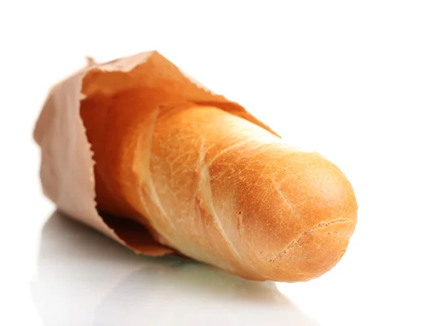 Finom baguette, elszigetelt fehér papír porzsák — Stock Fotó