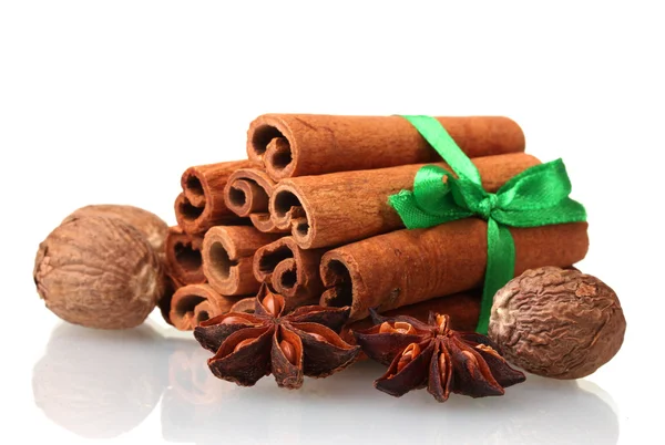 stock image Cinnamon sticks, nutmeg and anise isolated on white