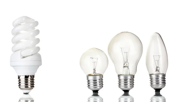 Bombilla y lámpara de ahorro de energía aisladas en blanco —  Fotos de Stock