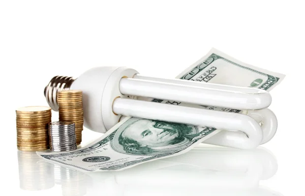 Εξοικονόμησης ενέργειας λαμπτήρα και τα χρήματα που απομονώνονται σε λευκό — Φωτογραφία Αρχείου