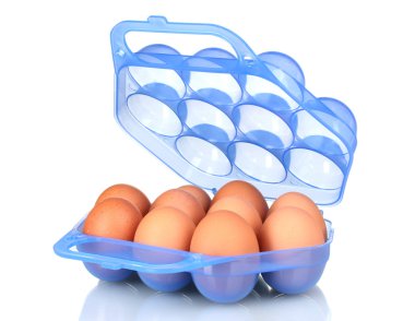 Eggs in blue plastic box isolated on white clipart