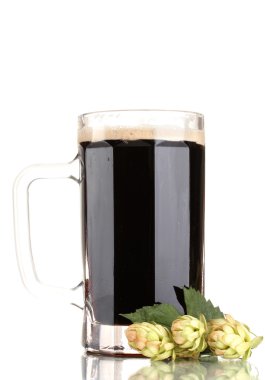 Dark beer in a mug and green hop isolated on white clipart