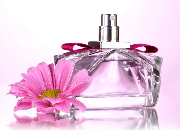 Kvinnors parfym i vacker flaska och blomma isolerad på vit — Stockfoto