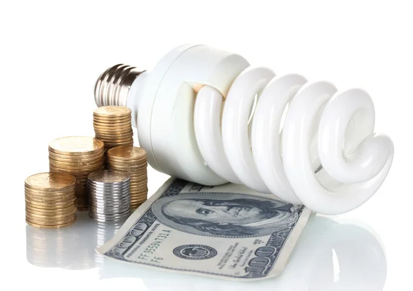 Lampe à économie d'énergie et argent isolé sur blanc — Photo
